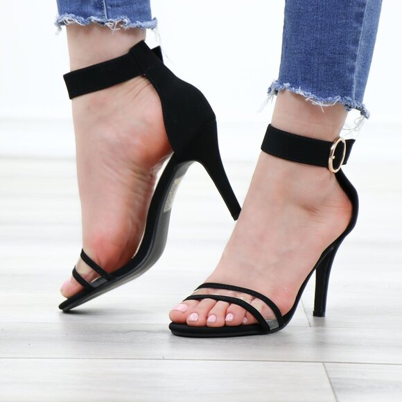 Velvet Black Open Toe Clear Strap High Heel Sandals - Picture 11 of 13